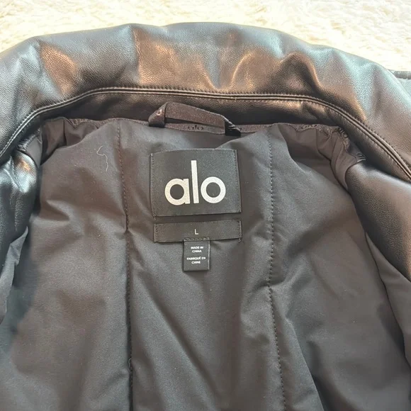 Alo Faux Leather Cropped Premier Puffer Bomber, Black, Size Large